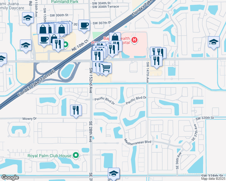 map of restaurants, bars, coffee shops, grocery stores, and more near 345 Northeast 29th Terrace in Homestead