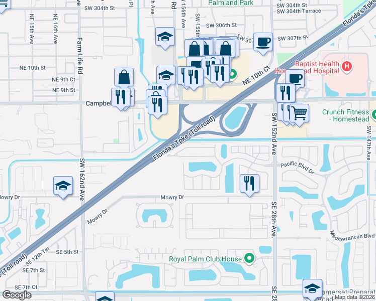 map of restaurants, bars, coffee shops, grocery stores, and more near 2364 Northeast 3rd Court in Homestead
