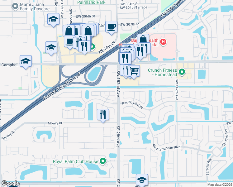 map of restaurants, bars, coffee shops, grocery stores, and more near 2827 Northeast 4th Street in Homestead