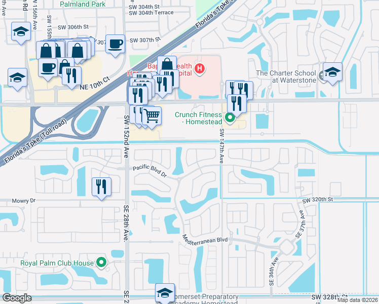 map of restaurants, bars, coffee shops, grocery stores, and more near 3103 Northeast 4th Street in Homestead