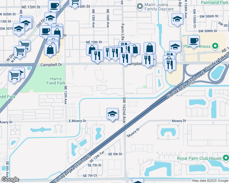 map of restaurants, bars, coffee shops, grocery stores, and more near 470 Northeast 18th Avenue in Homestead