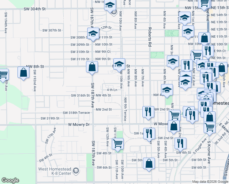 map of restaurants, bars, coffee shops, grocery stores, and more near 400 Northwest 10th Avenue in Homestead
