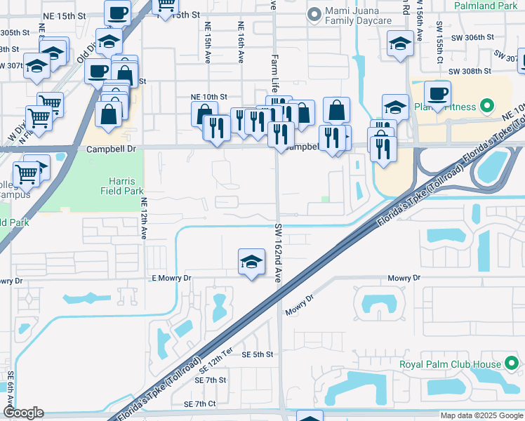 map of restaurants, bars, coffee shops, grocery stores, and more near 470 Northeast 18th Avenue in Homestead