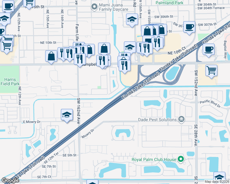 map of restaurants, bars, coffee shops, grocery stores, and more near 2128 Northeast 3rd Court in Homestead