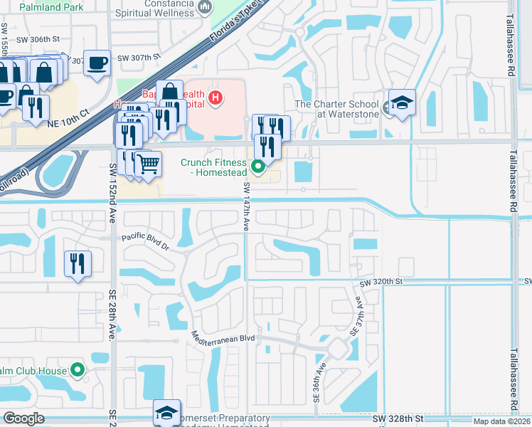 map of restaurants, bars, coffee shops, grocery stores, and more near 3377 Northeast 4th Street in Homestead