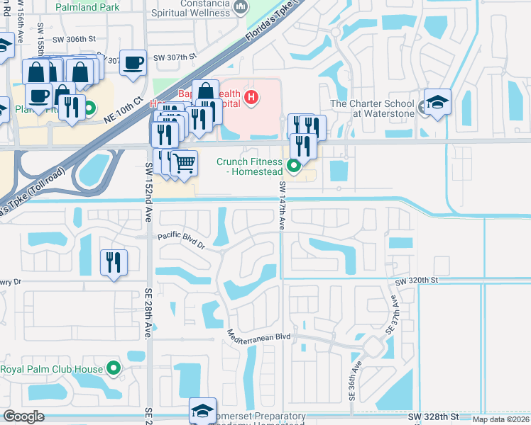 map of restaurants, bars, coffee shops, grocery stores, and more near 3191 Northeast 4th Street in Homestead