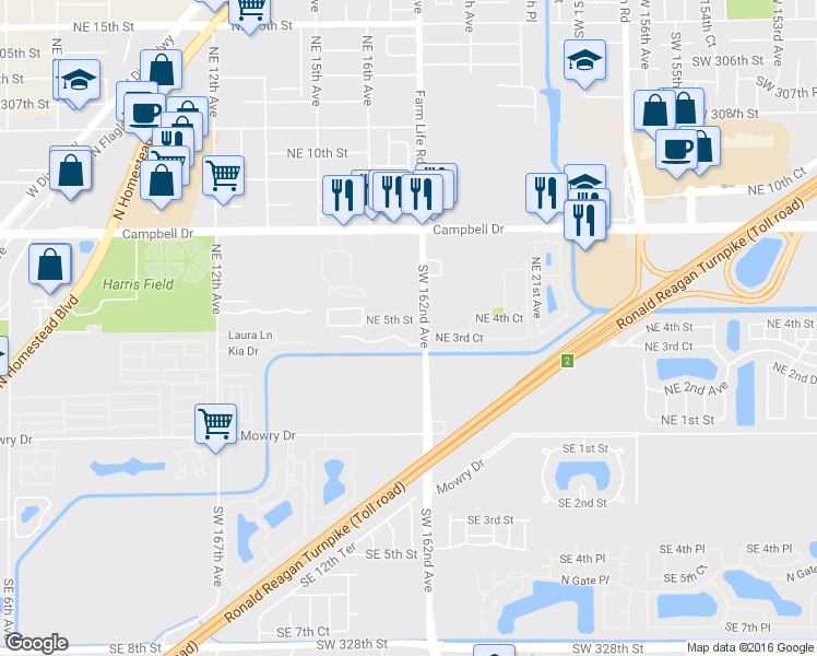 map of restaurants, bars, coffee shops, grocery stores, and more near 470 Northeast 18th Avenue in Homestead
