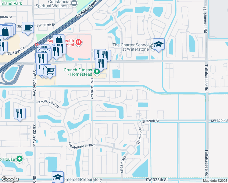 map of restaurants, bars, coffee shops, grocery stores, and more near 3449 Northeast 4th Street in Homestead