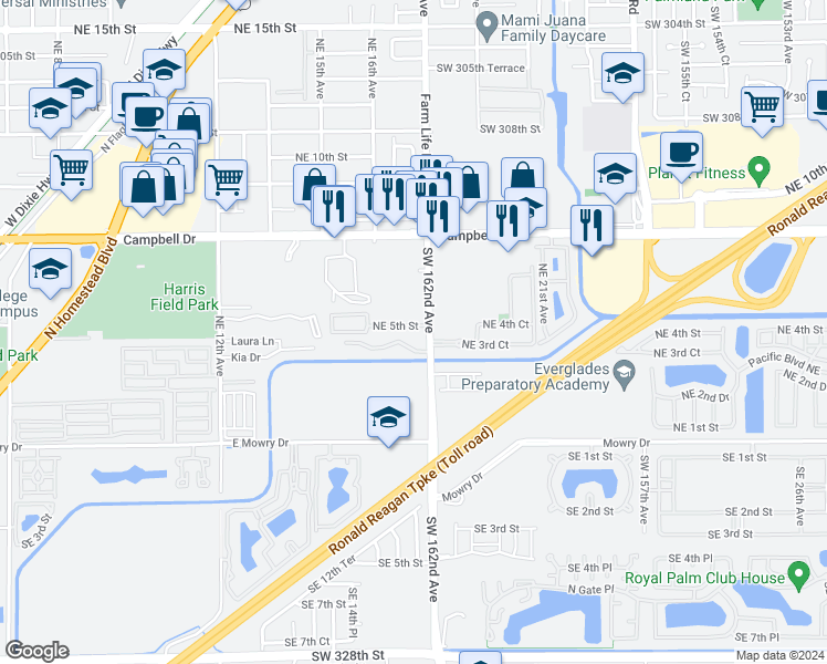 map of restaurants, bars, coffee shops, grocery stores, and more near 400 Northeast 18th Avenue in Homestead