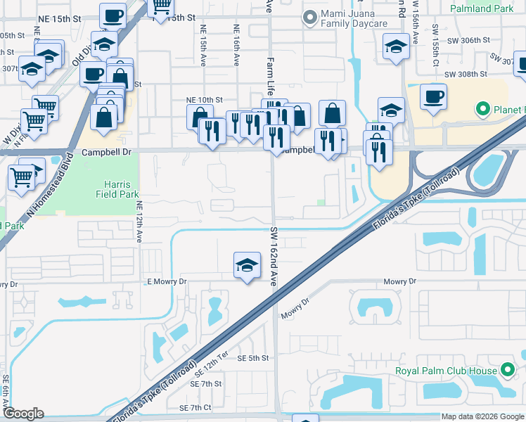 map of restaurants, bars, coffee shops, grocery stores, and more near 470 Northeast 18th Avenue in Homestead