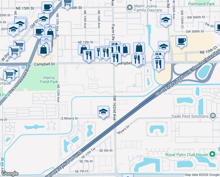 map of restaurants, bars, coffee shops, grocery stores, and more near 470 Northeast 18th Avenue in Homestead