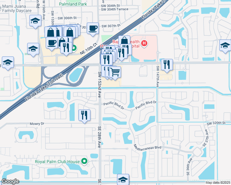 map of restaurants, bars, coffee shops, grocery stores, and more near 3102 Northeast 4th Street in Homestead
