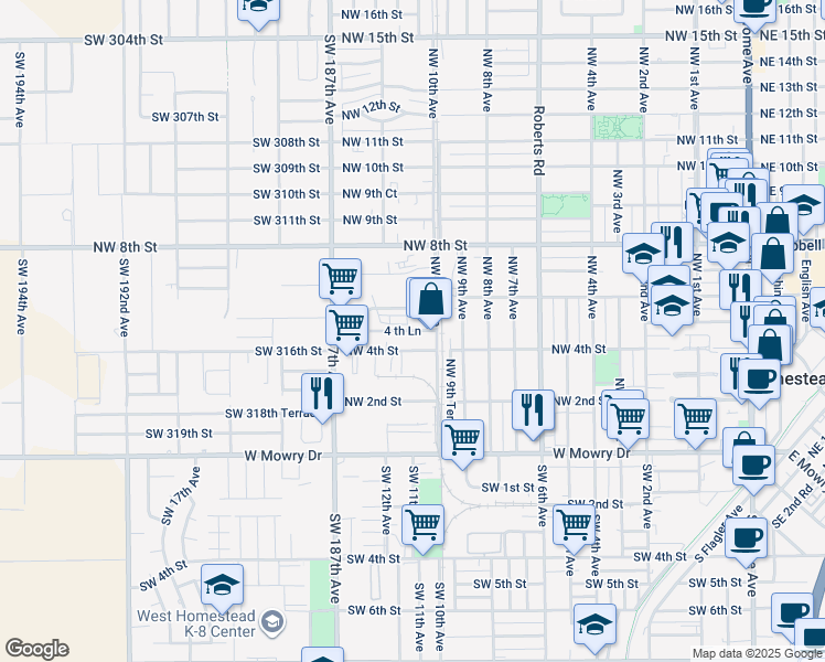 map of restaurants, bars, coffee shops, grocery stores, and more near 601 4 th Lane in Homestead