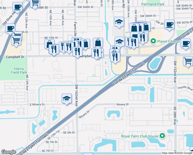 map of restaurants, bars, coffee shops, grocery stores, and more near 419 Northeast 20th Avenue in Homestead