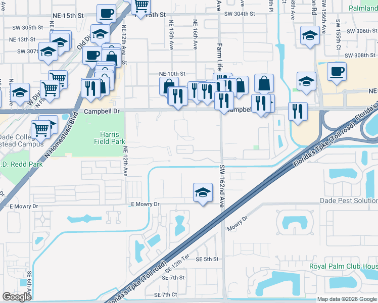 map of restaurants, bars, coffee shops, grocery stores, and more near 1666 Northeast 5th Street in Homestead