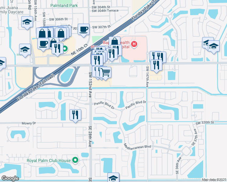 map of restaurants, bars, coffee shops, grocery stores, and more near 2965 Northeast 4th Street in Homestead