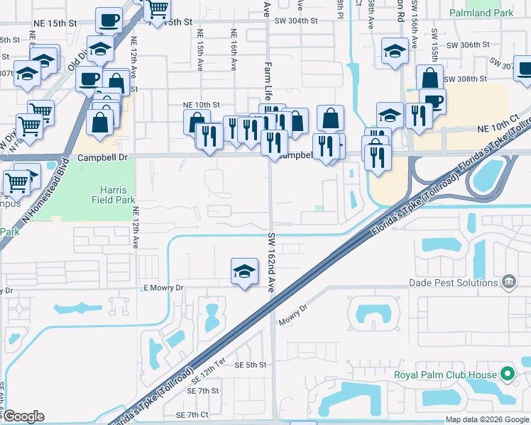 map of restaurants, bars, coffee shops, grocery stores, and more near 405 Southwest 162nd Avenue in Homestead