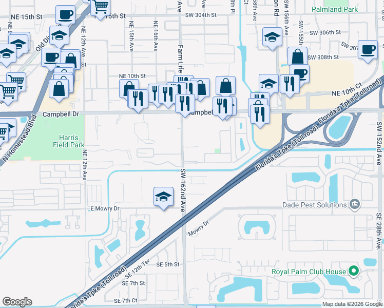map of restaurants, bars, coffee shops, grocery stores, and more near 405 Southwest 162nd Avenue in Homestead