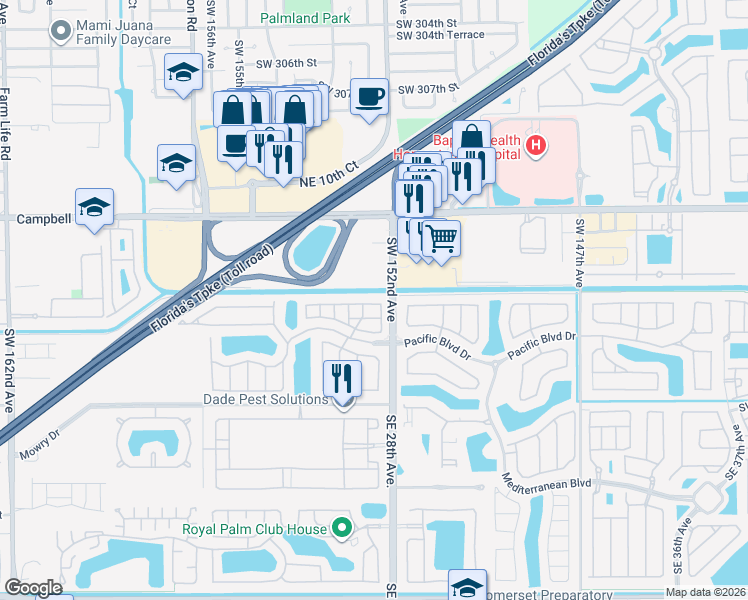 map of restaurants, bars, coffee shops, grocery stores, and more near 2711 Northeast 4th Street in Homestead