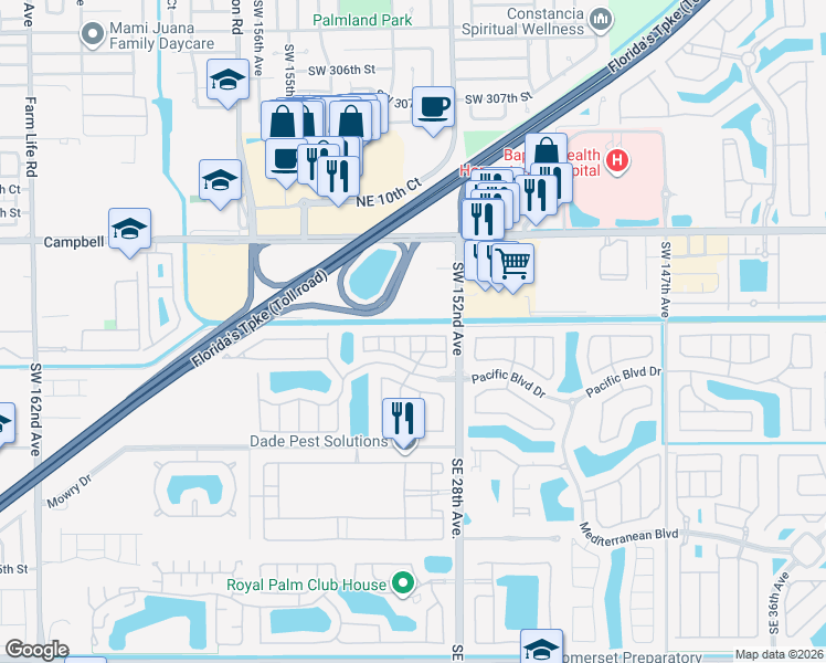 map of restaurants, bars, coffee shops, grocery stores, and more near 2711 Northeast 4th Street in Homestead
