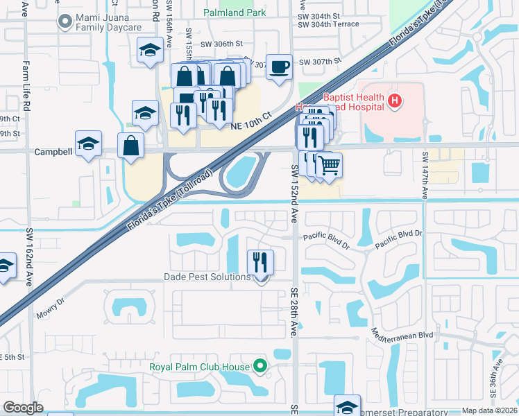 map of restaurants, bars, coffee shops, grocery stores, and more near 2665 Northeast 4th Street in Homestead