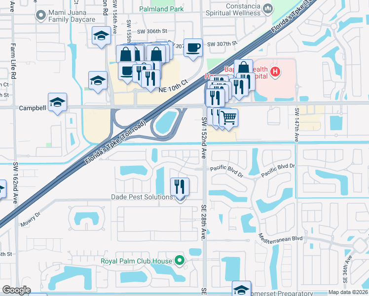 map of restaurants, bars, coffee shops, grocery stores, and more near 2711 Northeast 4th Street in Homestead