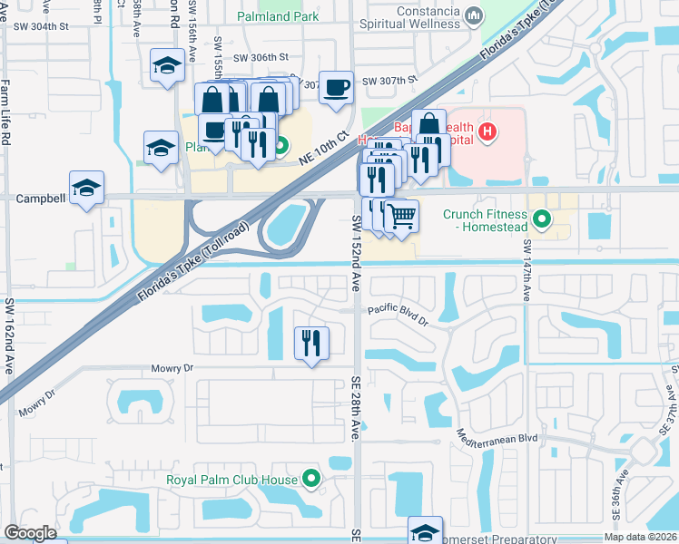 map of restaurants, bars, coffee shops, grocery stores, and more near 2711 Northeast 4th Street in Homestead