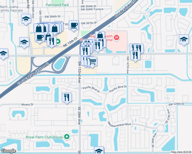 map of restaurants, bars, coffee shops, grocery stores, and more near 2965 Northeast 4th Street in Homestead