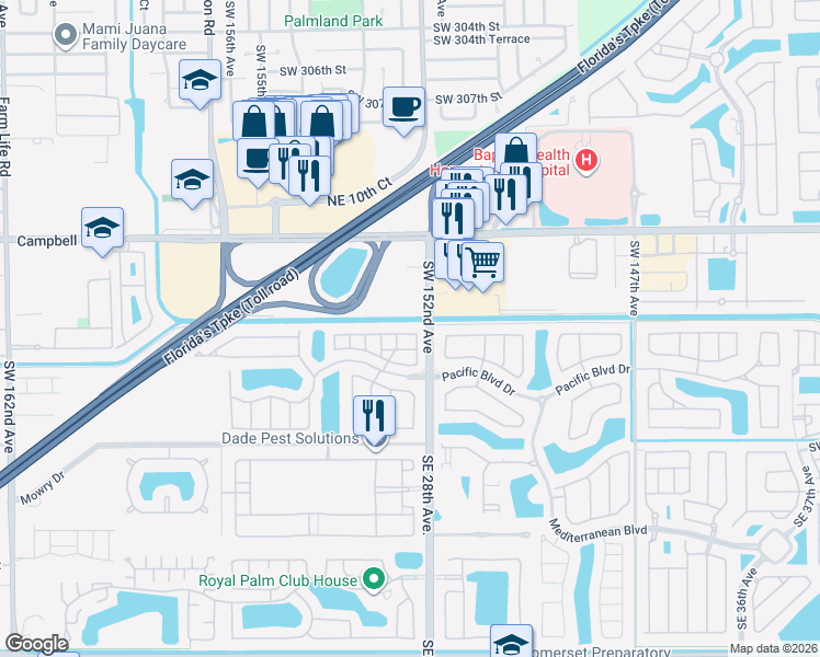 map of restaurants, bars, coffee shops, grocery stores, and more near 2711 Northeast 4th Street in Homestead