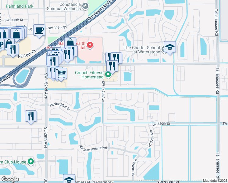 map of restaurants, bars, coffee shops, grocery stores, and more near 3389 Northeast 4th Street in Homestead