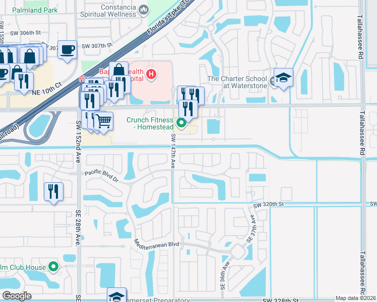 map of restaurants, bars, coffee shops, grocery stores, and more near 3377 Northeast 4th Street in Homestead