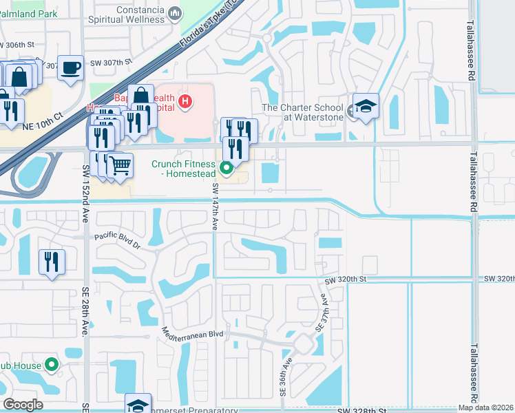 map of restaurants, bars, coffee shops, grocery stores, and more near 3449 Northeast 4th Street in Homestead