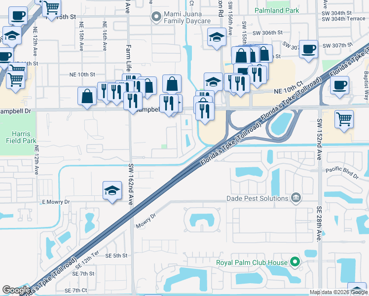 map of restaurants, bars, coffee shops, grocery stores, and more near 429 Northeast 21st Avenue in Homestead