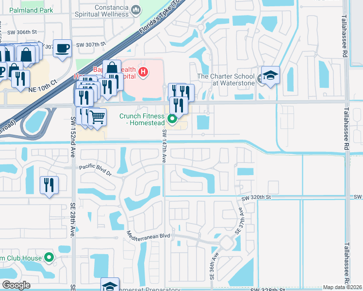 map of restaurants, bars, coffee shops, grocery stores, and more near 3377 Northeast 4th Street in Homestead