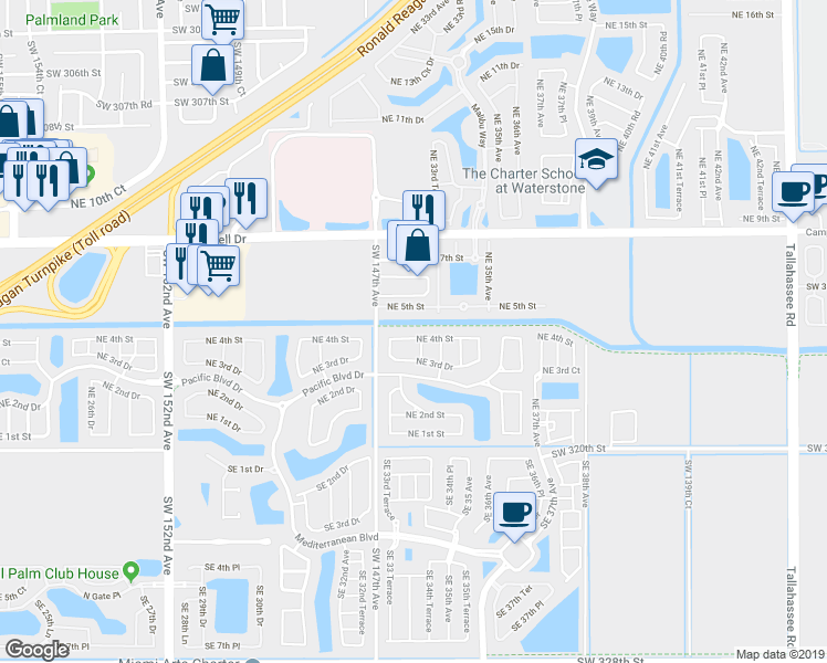 map of restaurants, bars, coffee shops, grocery stores, and more near 3377 Northeast 4th Street in Homestead