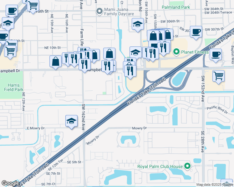 map of restaurants, bars, coffee shops, grocery stores, and more near 445 Northeast 21st Avenue in Homestead