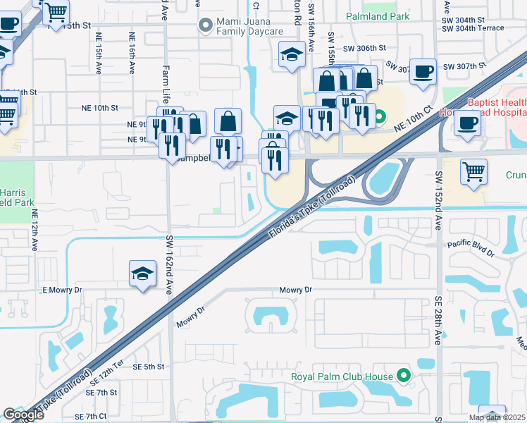map of restaurants, bars, coffee shops, grocery stores, and more near 439 Northeast 21st Terrace in Homestead