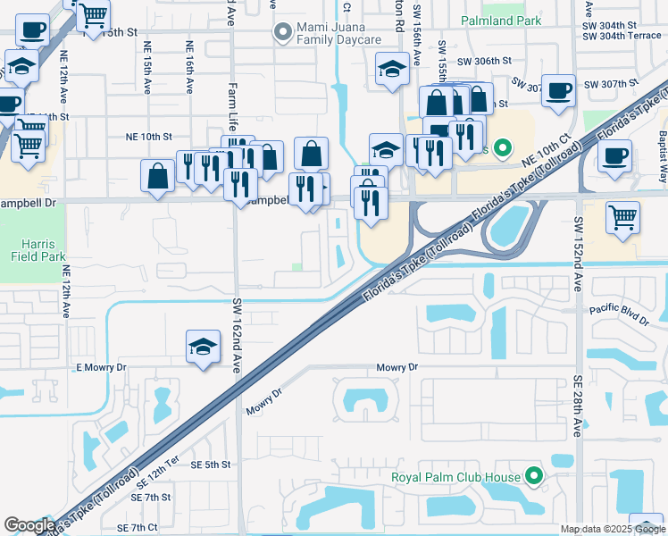map of restaurants, bars, coffee shops, grocery stores, and more near 445 Northeast 21st Avenue in Homestead