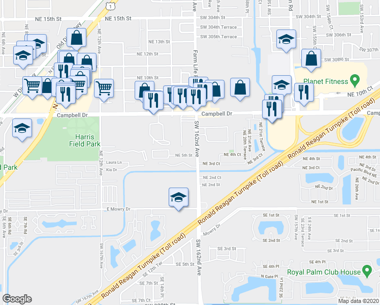 map of restaurants, bars, coffee shops, grocery stores, and more near 470 Northeast 18th Avenue in Homestead