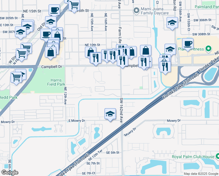 map of restaurants, bars, coffee shops, grocery stores, and more near 470 Northeast 18th Avenue in Homestead