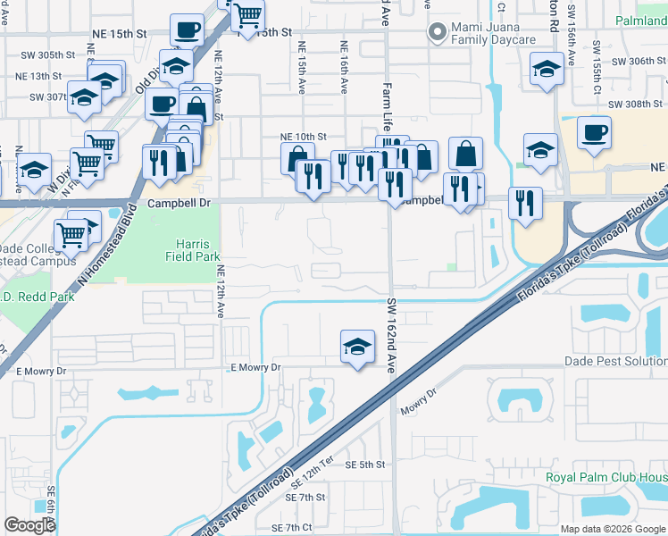 map of restaurants, bars, coffee shops, grocery stores, and more near 1666 Northeast 5th Street in Homestead