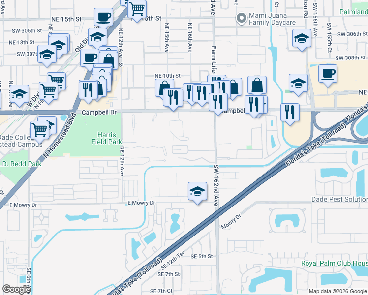 map of restaurants, bars, coffee shops, grocery stores, and more near 1666 Northeast 5th Street in Homestead
