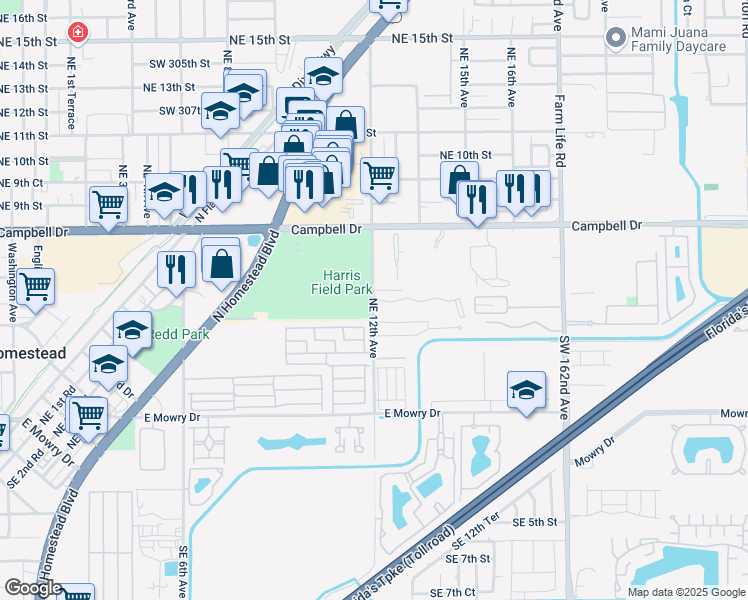 map of restaurants, bars, coffee shops, grocery stores, and more near 464 Northeast 12th Avenue in Homestead