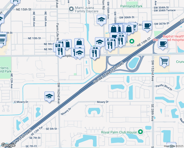 map of restaurants, bars, coffee shops, grocery stores, and more near 439 Northeast 21st Terrace in Homestead
