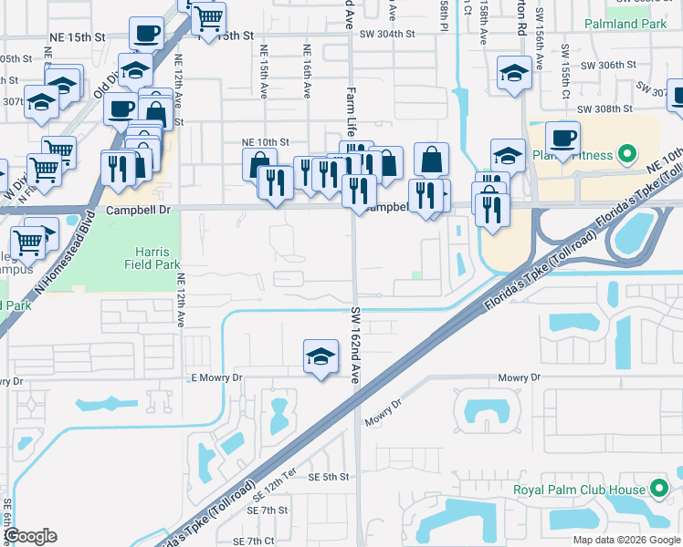 map of restaurants, bars, coffee shops, grocery stores, and more near 470 Northeast 18th Avenue in Homestead