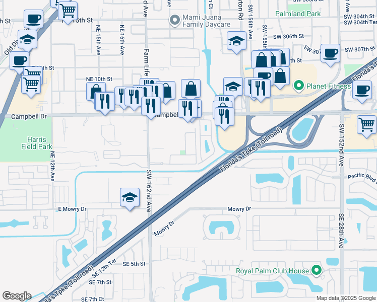 map of restaurants, bars, coffee shops, grocery stores, and more near 419 Northeast 20th Avenue in Homestead