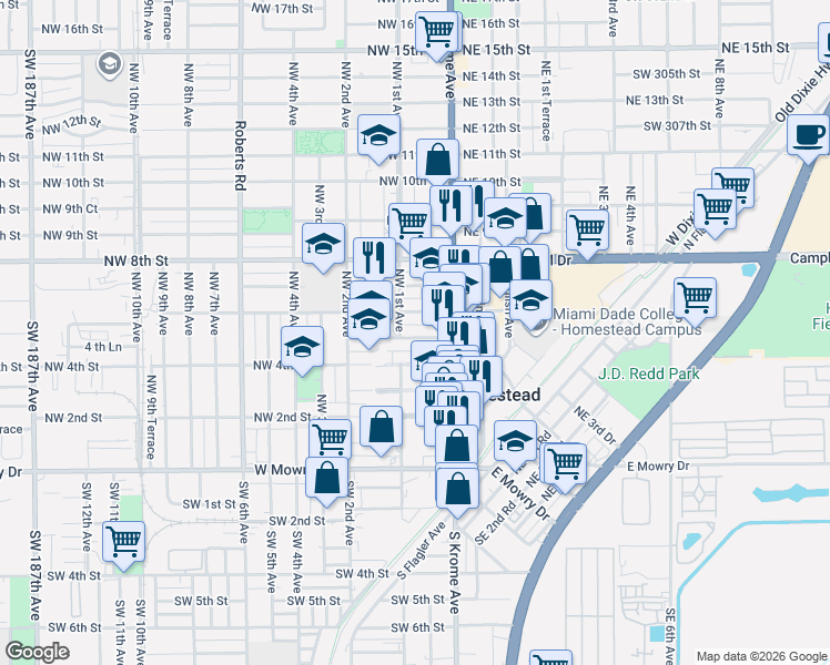 map of restaurants, bars, coffee shops, grocery stores, and more near 85 Northwest 5th Street in Homestead