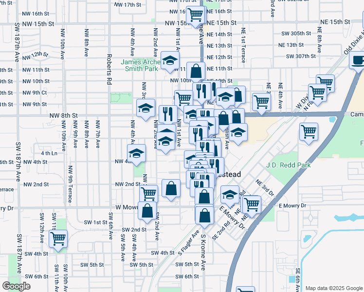 map of restaurants, bars, coffee shops, grocery stores, and more near 85 Northwest 5th Street in Homestead