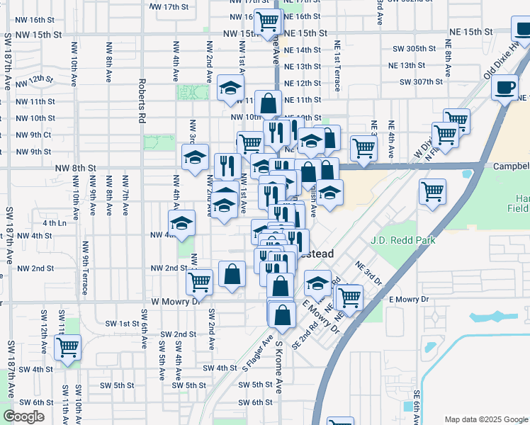 map of restaurants, bars, coffee shops, grocery stores, and more near 31 Northwest 5th Street in Homestead