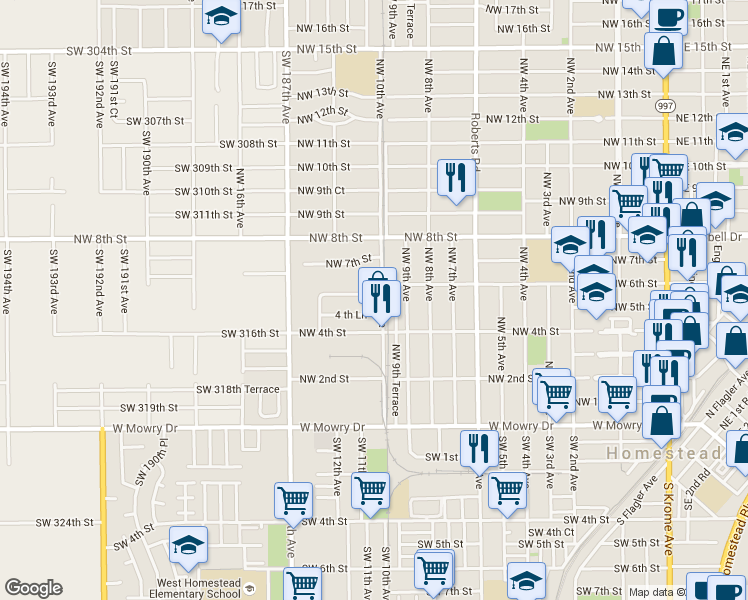 map of restaurants, bars, coffee shops, grocery stores, and more near 400 Northwest 10th Avenue in Homestead